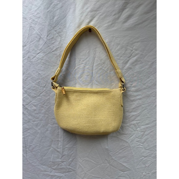 Talbots Handbags - Talbots Yellow Woven Straw Shoulder Bag Pink Lining Bamboo Zip Pull Small